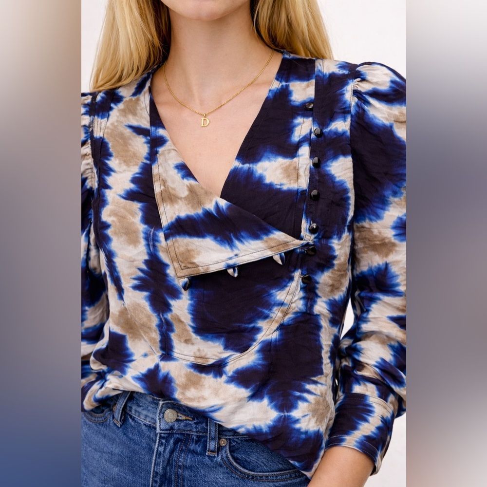 Munthe Abstract Tie Dye Blouse Blue Silk Feel Asymmetrical Flap Button Top Small